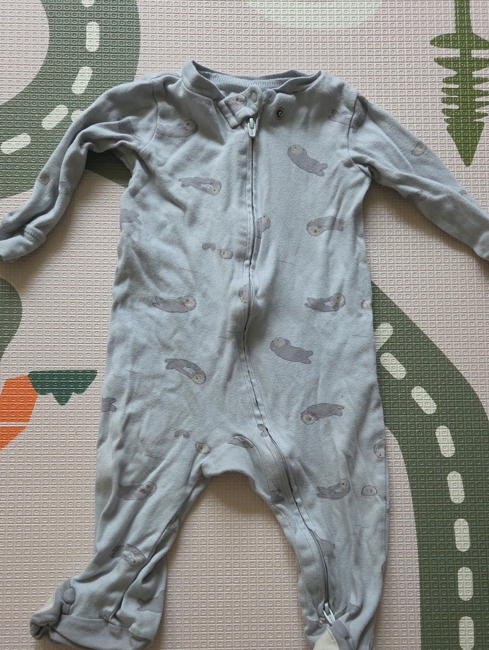 💙9M PJs Blue Seal-Print Baby One-Piece Zipper Footed Pajamas